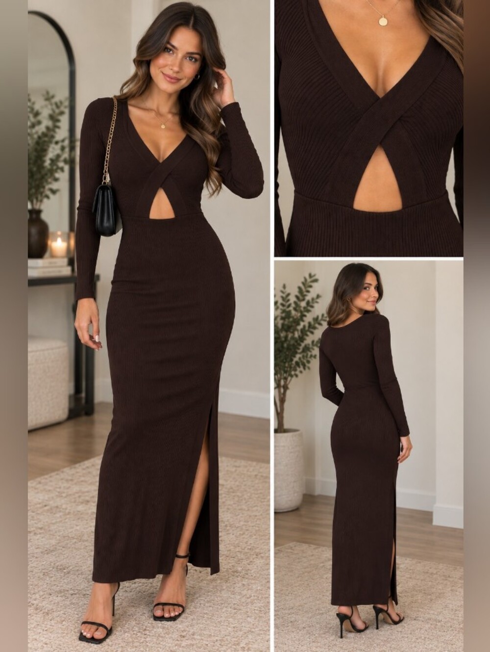 Zara Brown Ribbed Knit Bodycon Maxi Dress Cutout Long Sleeve Size S